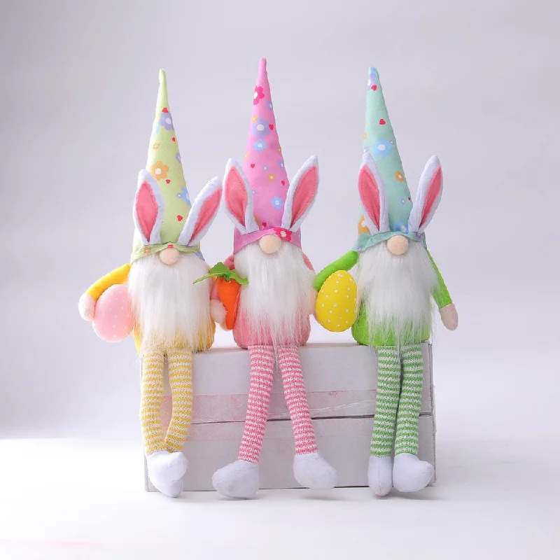 Bunny Elf Hold Egg Plush Cloth Doll Harvest Easter Rabbit Gnome Doll Long Mustache Faceless Slender Legs Bunny Elf