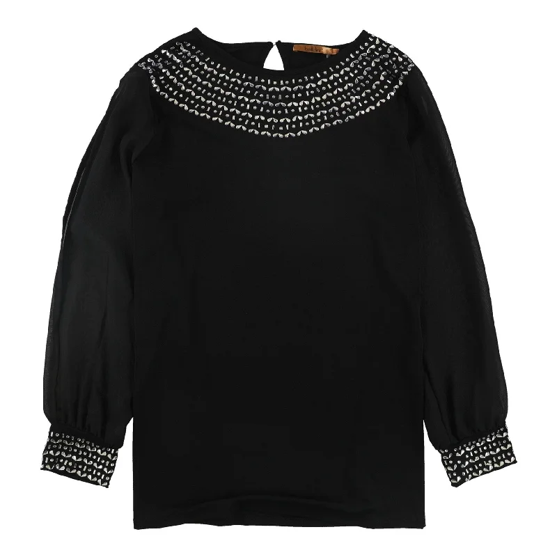 Belldini Womens Sheer sleeves Pullover Blouse, Black, 1X