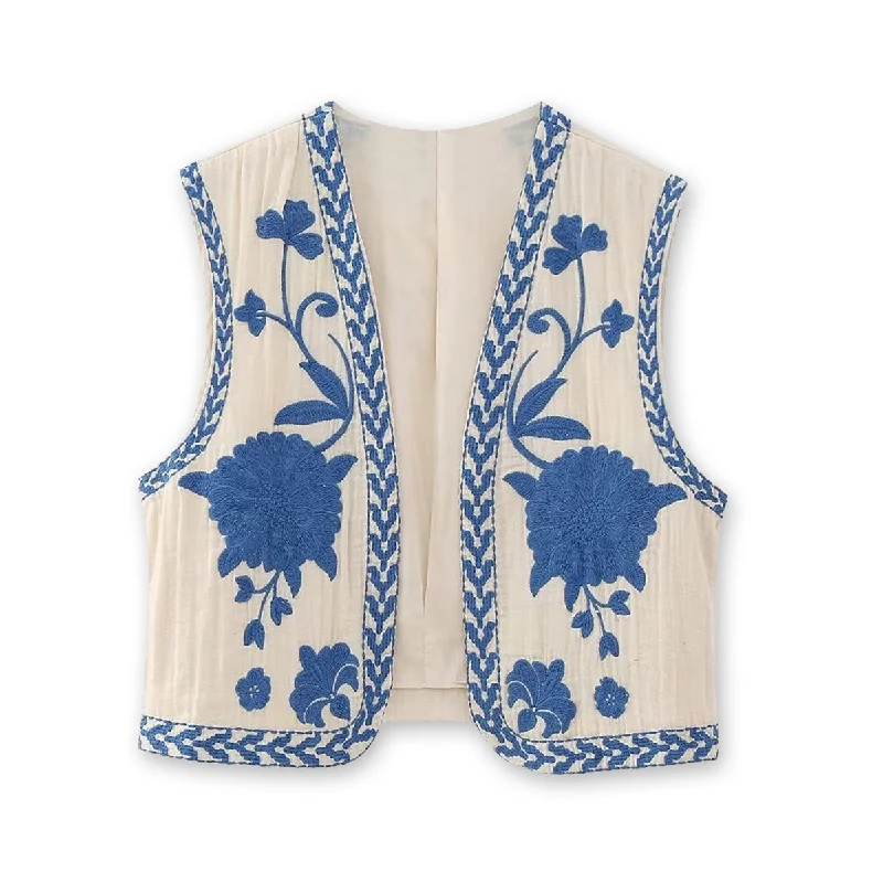 Blue Blooms Boho Floral Embroidered Vest