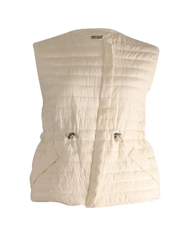 Brunello Cucinelli Puffer Vest in Ecru Silk