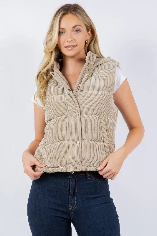 QUILTED CORDUROY HOODED PUFFER VEST