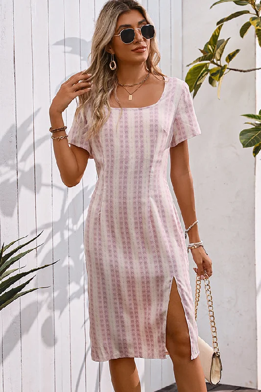 Stripe Printed Square Neck Split Side Casual Dress