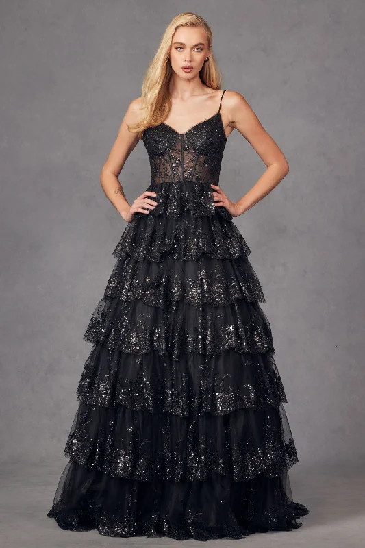 Juliet JT2454K Long Formal Ruffle Skirt Evening Prom Gown