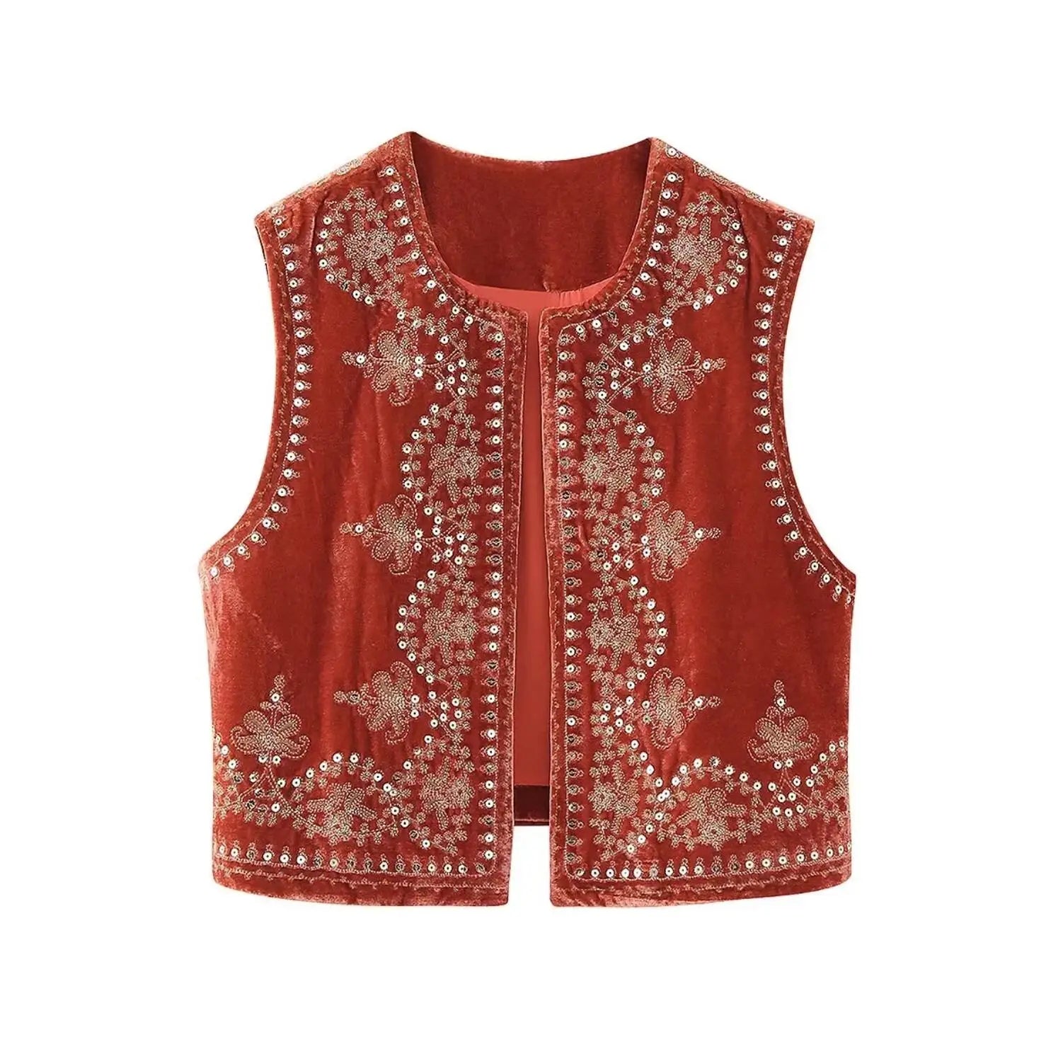 Red Boho Sequin Embroidered Vest