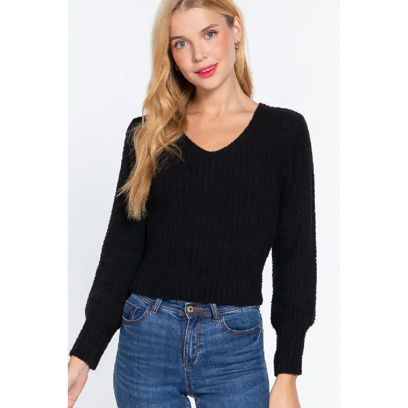 Long Puff Slv VNeck Rib Sweater