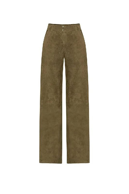 Ava Women's Wide-Leg Suede Leather Trousers - Khaki