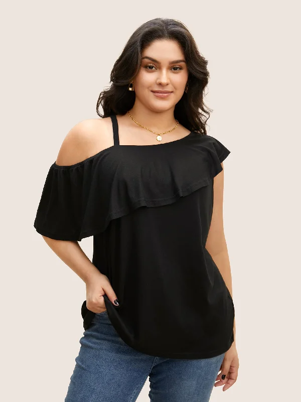 One Shoulder Solid Ruffle Trim T-shirt