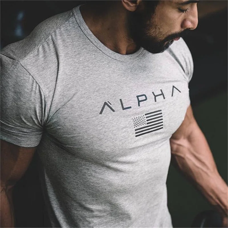 2019 New Brand Clothing Gyms Tight Cotton T-shirt Mens alpha Fitness T-shirt Homme Gyms T Shirt Men Fitness Summer Tees Tops