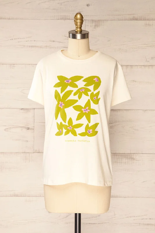 Haworth | Beige T-Shirt w/ Green & Pink Flowers