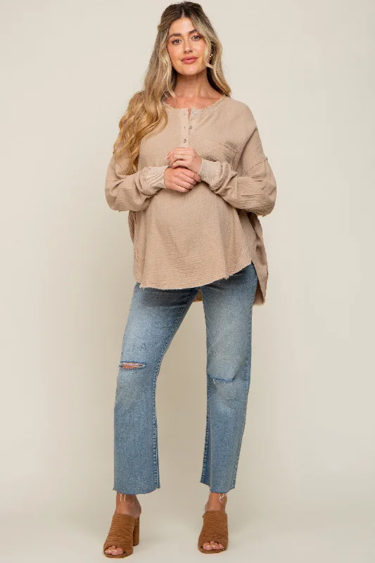 Beige Front Button Drop Shoulder Long Sleeve Maternity Top