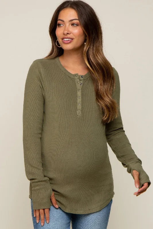 Olive Button Front Soft Knit Long Sleeve Henley Maternity Top