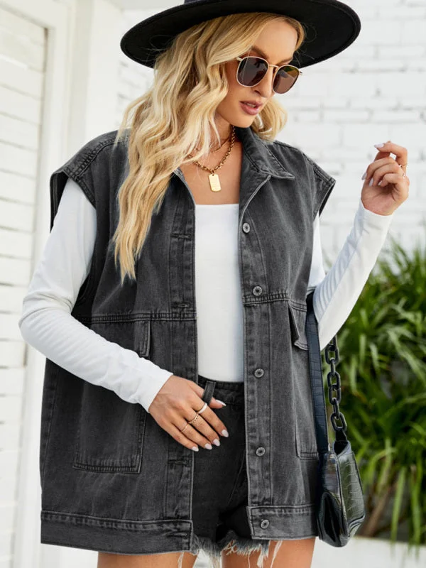 Denim Jean Utility Vest - Waistcoat Sleeveless Jacket