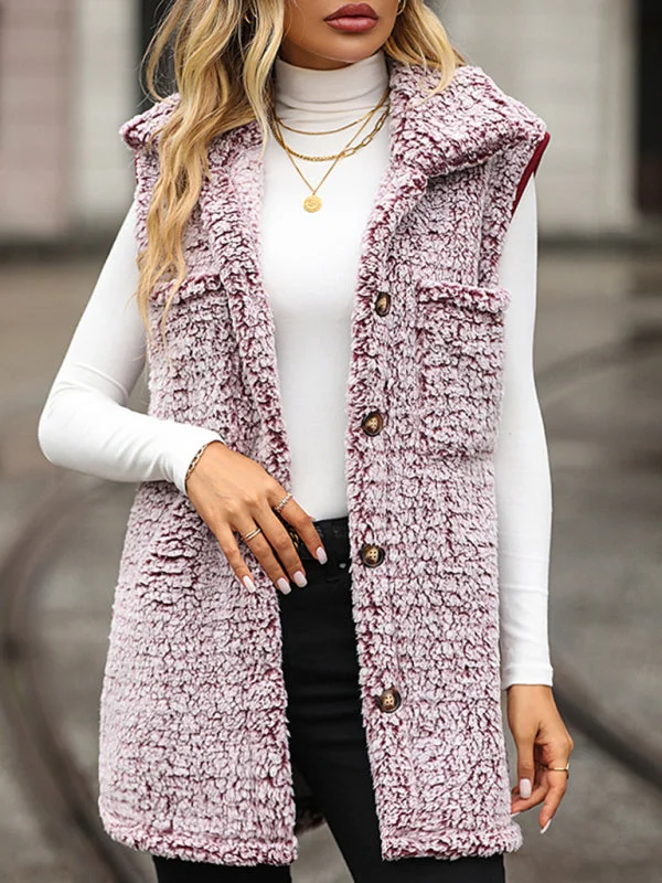 Fluffy Faux-Fur Mid-Length Collar Vest with Flap Pockets