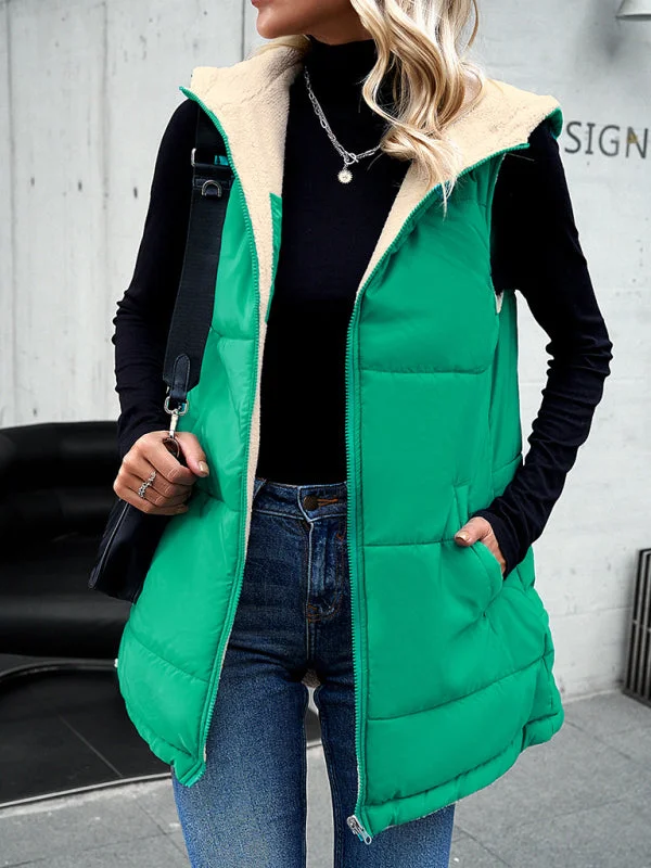 Puffer Hooded Waistcoat - Zip-Up Mid-Length Vest for Winter